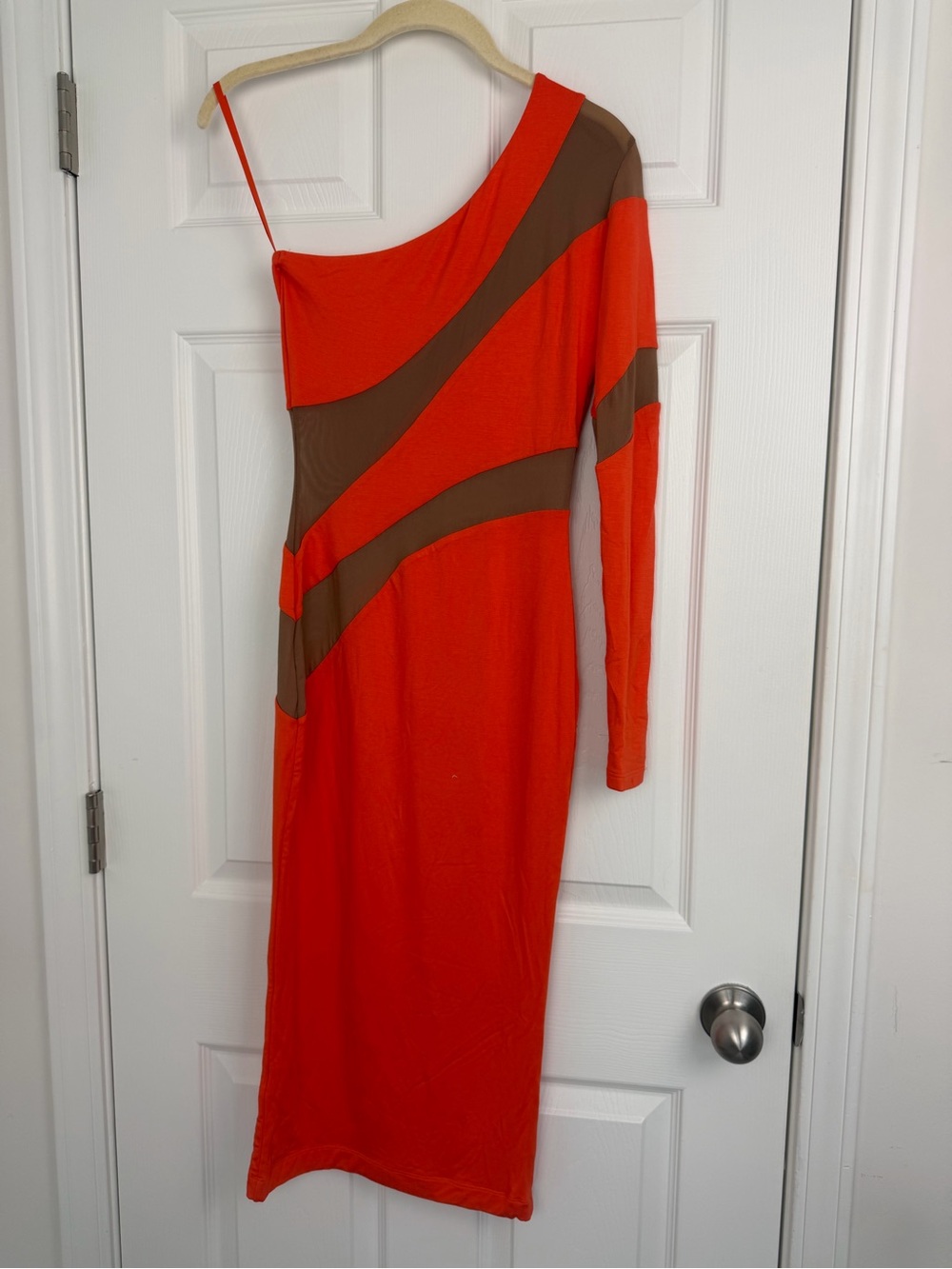 JLUXLABEL Orange One-Shoulder Bodycon Dress with Brown Cutouts - Picture 3 of 5